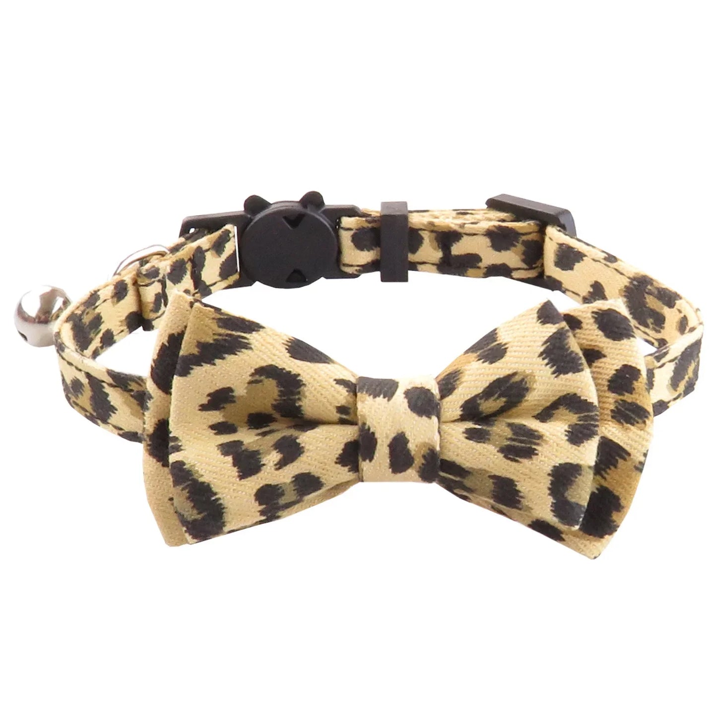 Pet Leopard Cat Collar with Bell Adjustable Puppy Bow Necklace Outdoor Safety Anti-choking for Small Pets Walking Accessories