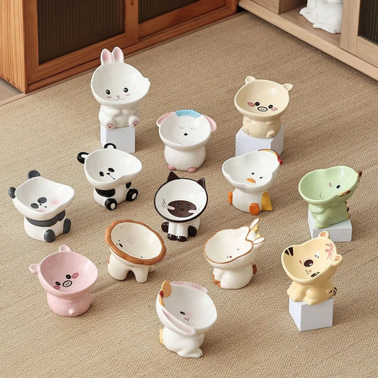 Cute Cartoon Animal Series Ceramic Cat Bowl Tall Food Bowl Neck Guard for Cats to Drink Water to Prevent Dogs from Overturning