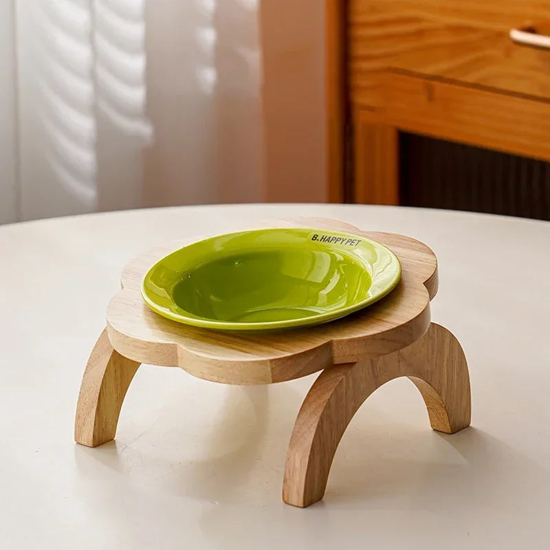 Cat Food Bowl with Wood Holder Stand Flower Shaped Ceramic Food Dish Water Bowl Cat Feeding Drinking Plates Multi Color