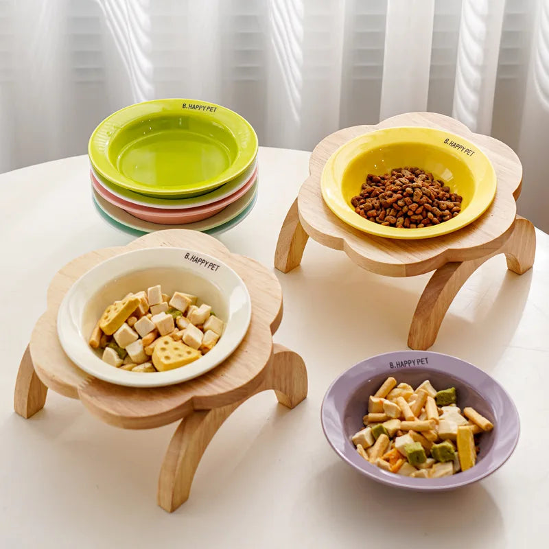 Cat Food Bowl with Wood Holder Stand Flower Shaped Ceramic Food Dish Water Bowl Cat Feeding Drinking Plates Multi Color