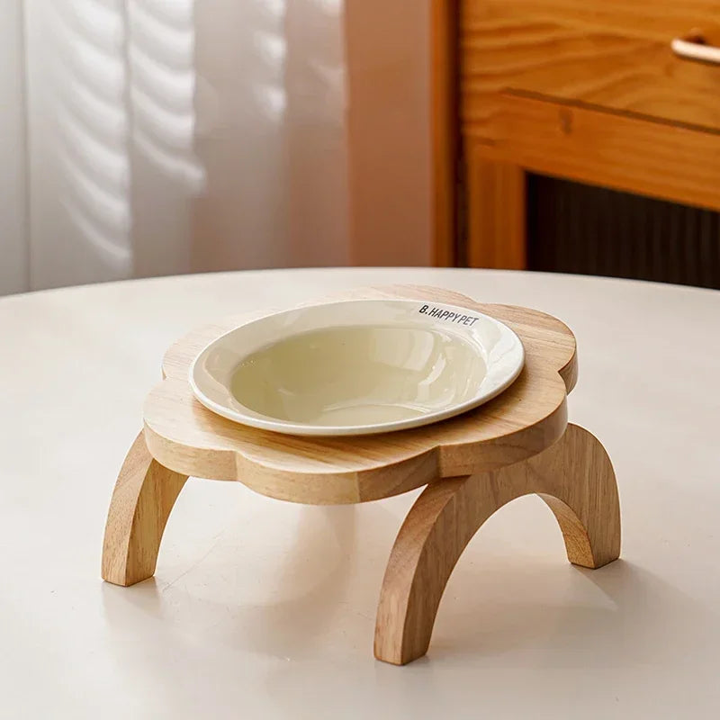 Cat Food Bowl with Wood Holder Stand Flower Shaped Ceramic Food Dish Water Bowl Cat Feeding Drinking Plates Multi Color
