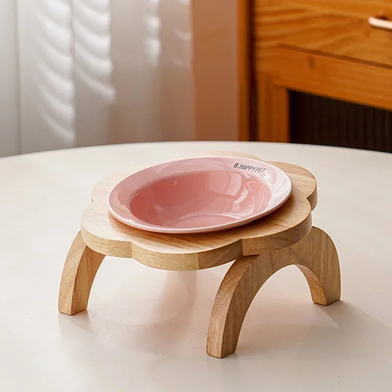 Cat Food Bowl with Wood Holder Stand Flower Shaped Ceramic Food Dish Water Bowl Cat Feeding Drinking Plates Multi Color