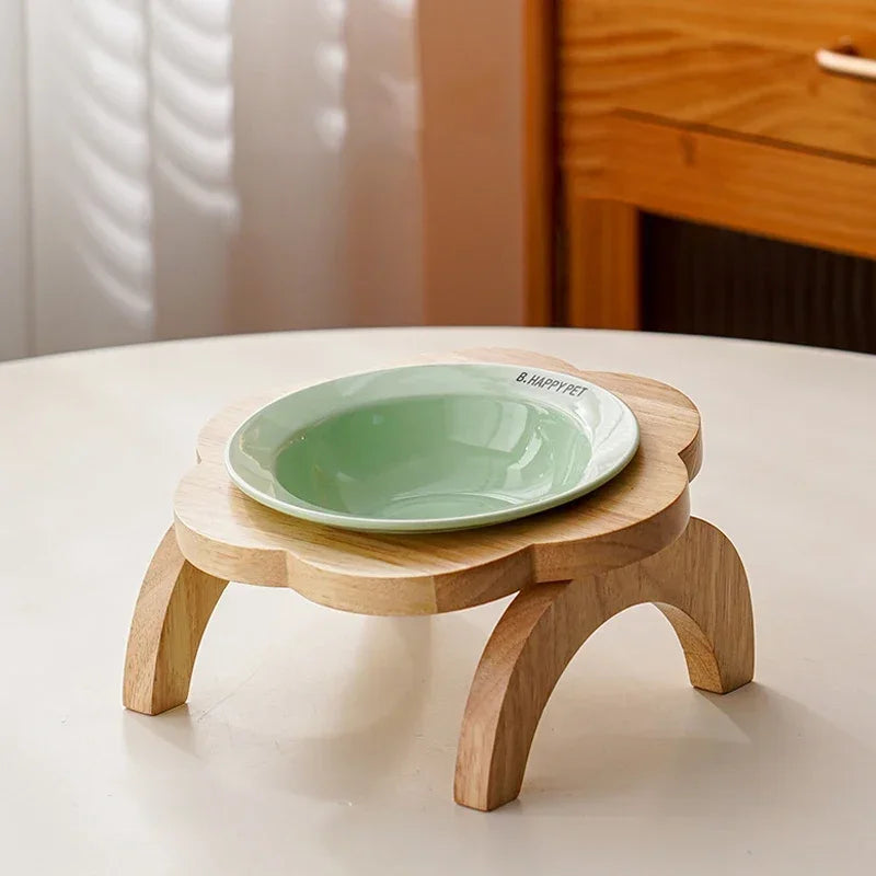 Cat Food Bowl with Wood Holder Stand Flower Shaped Ceramic Food Dish Water Bowl Cat Feeding Drinking Plates Multi Color