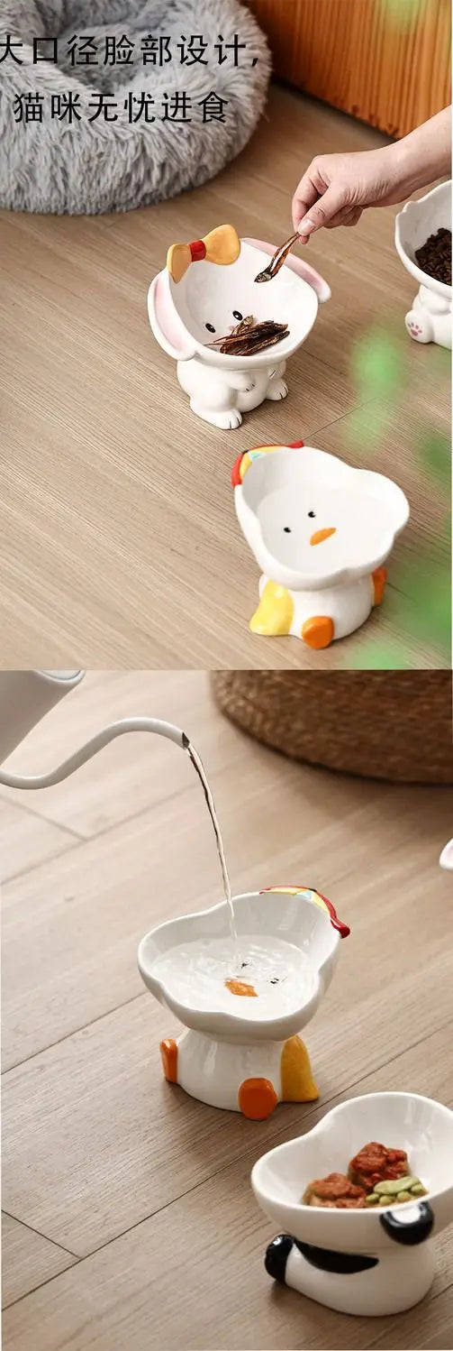Cute Cartoon Animal Series Ceramic Cat Bowl Tall Food Bowl Neck Guard for Cats to Drink Water to Prevent Dogs from Overturning