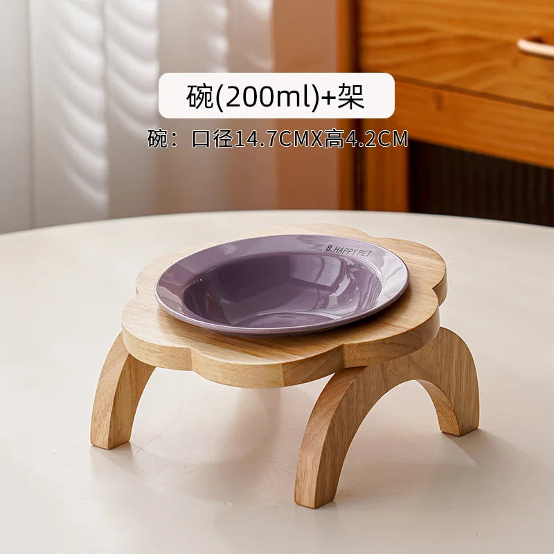 Cat Food Bowl with Wood Holder Stand Flower Shaped Ceramic Food Dish Water Bowl Cat Feeding Drinking Plates Multi Color