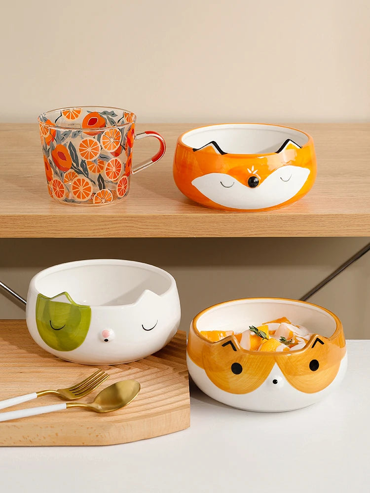Hand Painted Ceramic Animal Bowls - Fox Cat Dog Design Eco-Friendly Porcelain