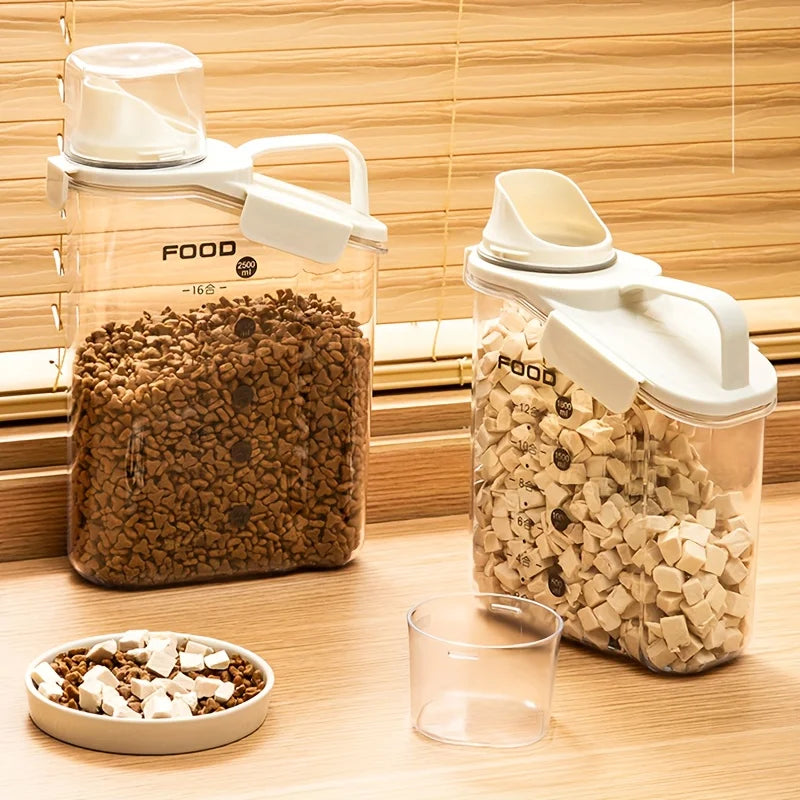 Dry food for dogs and cats is easy to feed containers, moisture-proof pet food storage buckets, measuring cups and handle design
