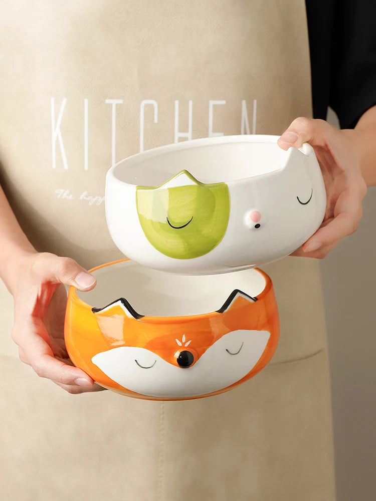 Hand Painted Ceramic Animal Bowls - Fox Cat Dog Design Eco-Friendly Porcelain