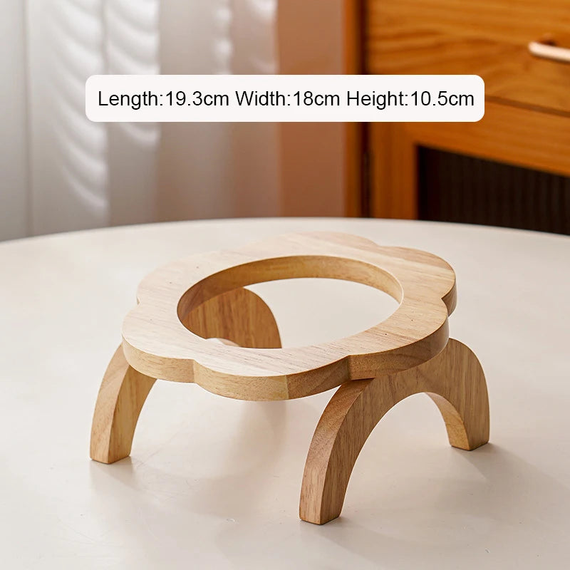 Cat Food Bowl with Wood Holder Stand Flower Shaped Ceramic Food Dish Water Bowl Cat Feeding Drinking Plates Multi Color