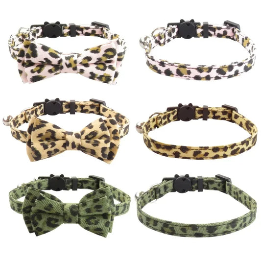 Pet Leopard Cat Collar with Bell Adjustable Puppy Bow Necklace Outdoor Safety Anti-choking for Small Pets Walking Accessories