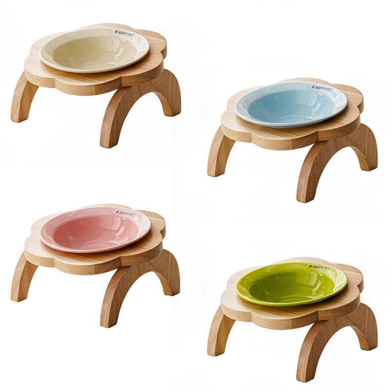 Cat Food Bowl with Wood Holder Stand Flower Shaped Ceramic Food Dish Water Bowl Cat Feeding Drinking Plates Multi Color