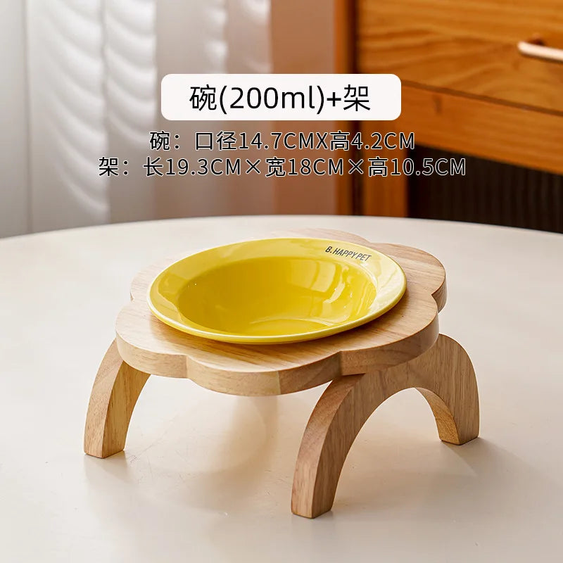 Cat Food Bowl with Wood Holder Stand Flower Shaped Ceramic Food Dish Water Bowl Cat Feeding Drinking Plates Multi Color