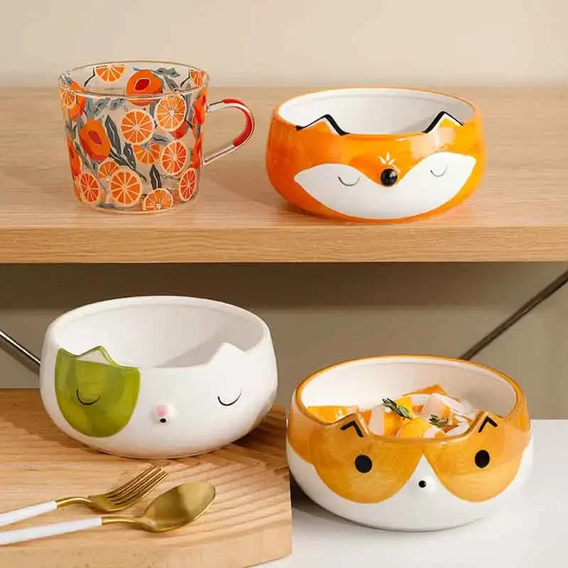 Hand Painted Ceramic Animal Bowls - Fox Cat Dog Design Eco-Friendly Porcelain