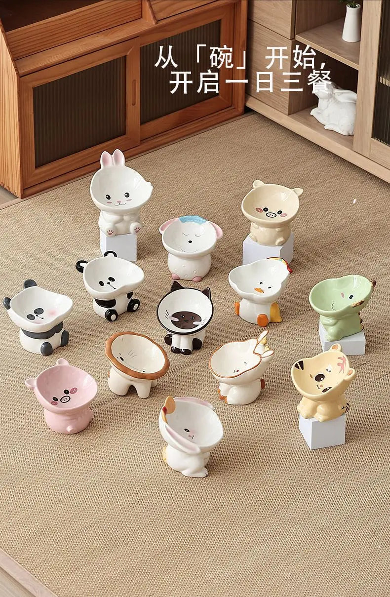 Cute Cartoon Animal Series Ceramic Cat Bowl Tall Food Bowl Neck Guard for Cats to Drink Water to Prevent Dogs from Overturning