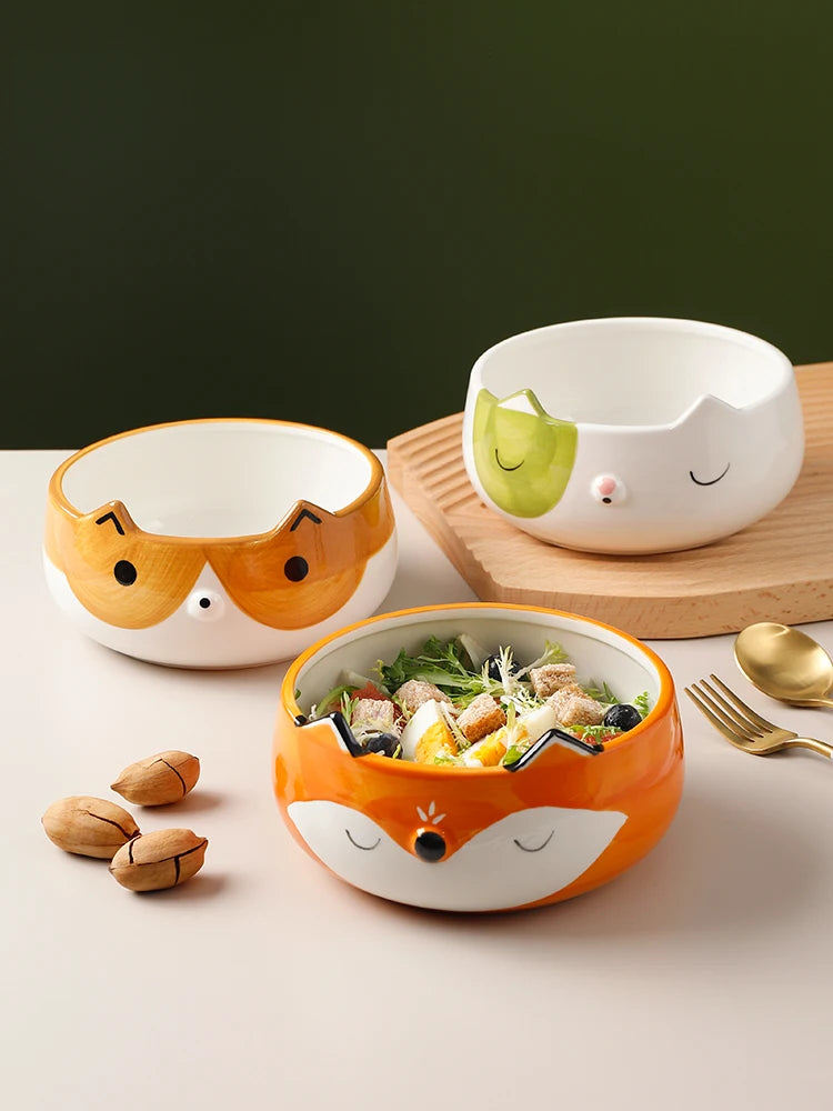 Hand Painted Ceramic Animal Bowls - Fox Cat Dog Design Eco-Friendly Porcelain