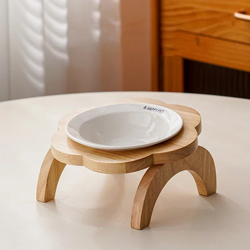 Cat Food Bowl with Wood Holder Stand Flower Shaped Ceramic Food Dish Water Bowl Cat Feeding Drinking Plates Multi Color