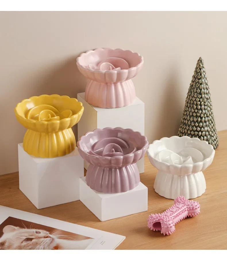 Cat Food Bowl Ceramic Elevated Cats Small Dogs Slow Feed Bowls Anti-choking Pet Eating Feeders Anti-gulping Puppy Supplies