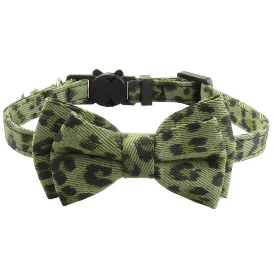 Pet Leopard Cat Collar with Bell Adjustable Puppy Bow Necklace Outdoor Safety Anti-choking for Small Pets Walking Accessories