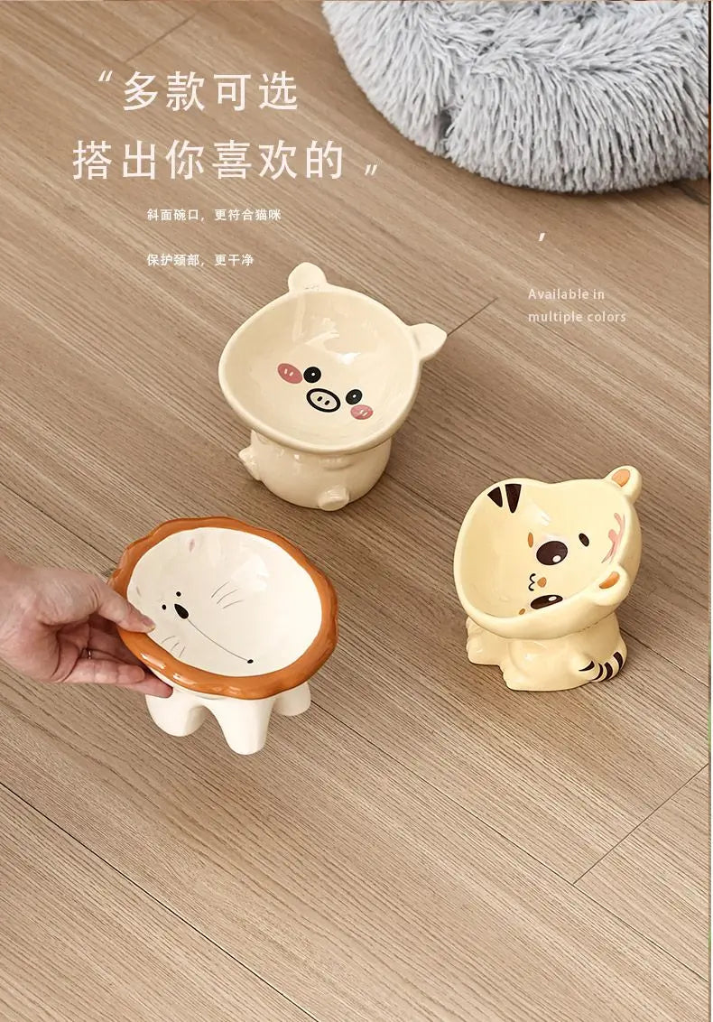 Cute Cartoon Animal Series Ceramic Cat Bowl Tall Food Bowl Neck Guard for Cats to Drink Water to Prevent Dogs from Overturning