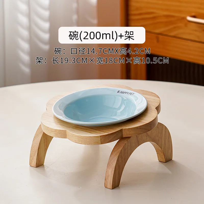 Cat Food Bowl with Wood Holder Stand Flower Shaped Ceramic Food Dish Water Bowl Cat Feeding Drinking Plates Multi Color