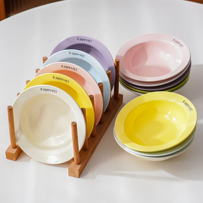 Cat Food Bowl with Wood Holder Stand Flower Shaped Ceramic Food Dish Water Bowl Cat Feeding Drinking Plates Multi Color