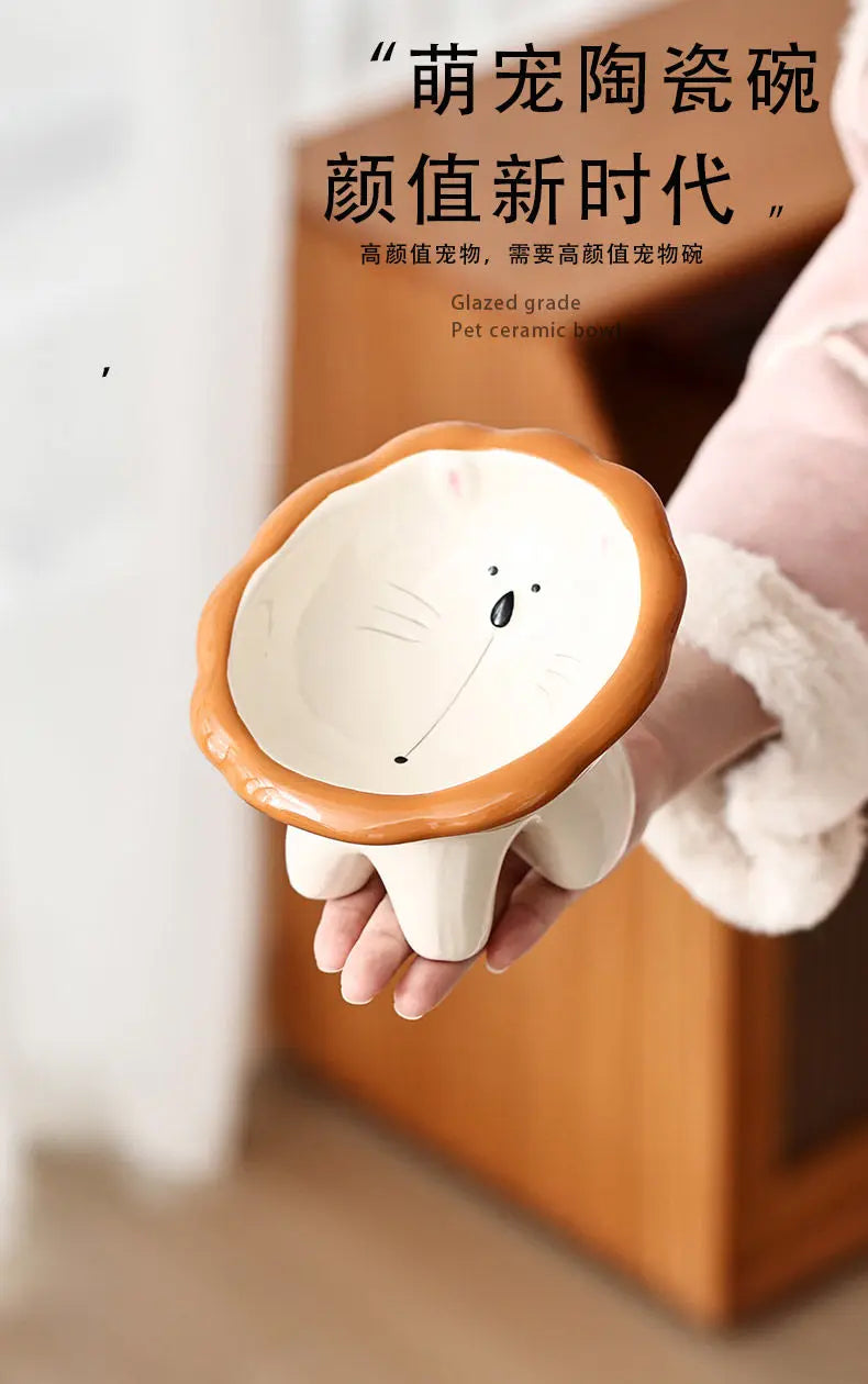 Cute Cartoon Animal Series Ceramic Cat Bowl Tall Food Bowl Neck Guard for Cats to Drink Water to Prevent Dogs from Overturning