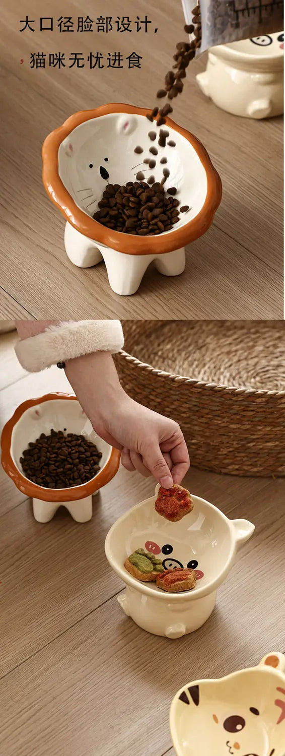 Cute Cartoon Animal Series Ceramic Cat Bowl Tall Food Bowl Neck Guard for Cats to Drink Water to Prevent Dogs from Overturning